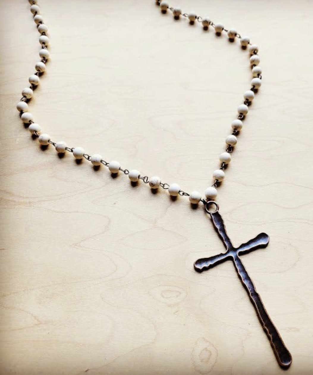 Long Beaded Necklace with Antique Copper Cross