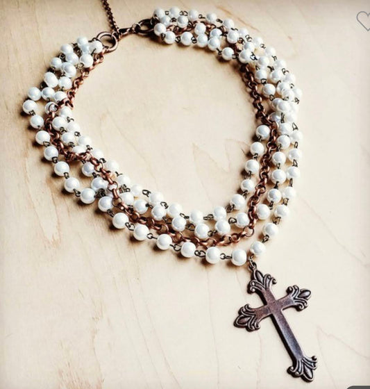 Pearl and Copper Collar-Length Necklace with Copper Cross