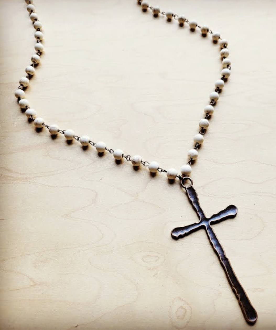 Long Beaded Necklace with Antique Copper Cross 