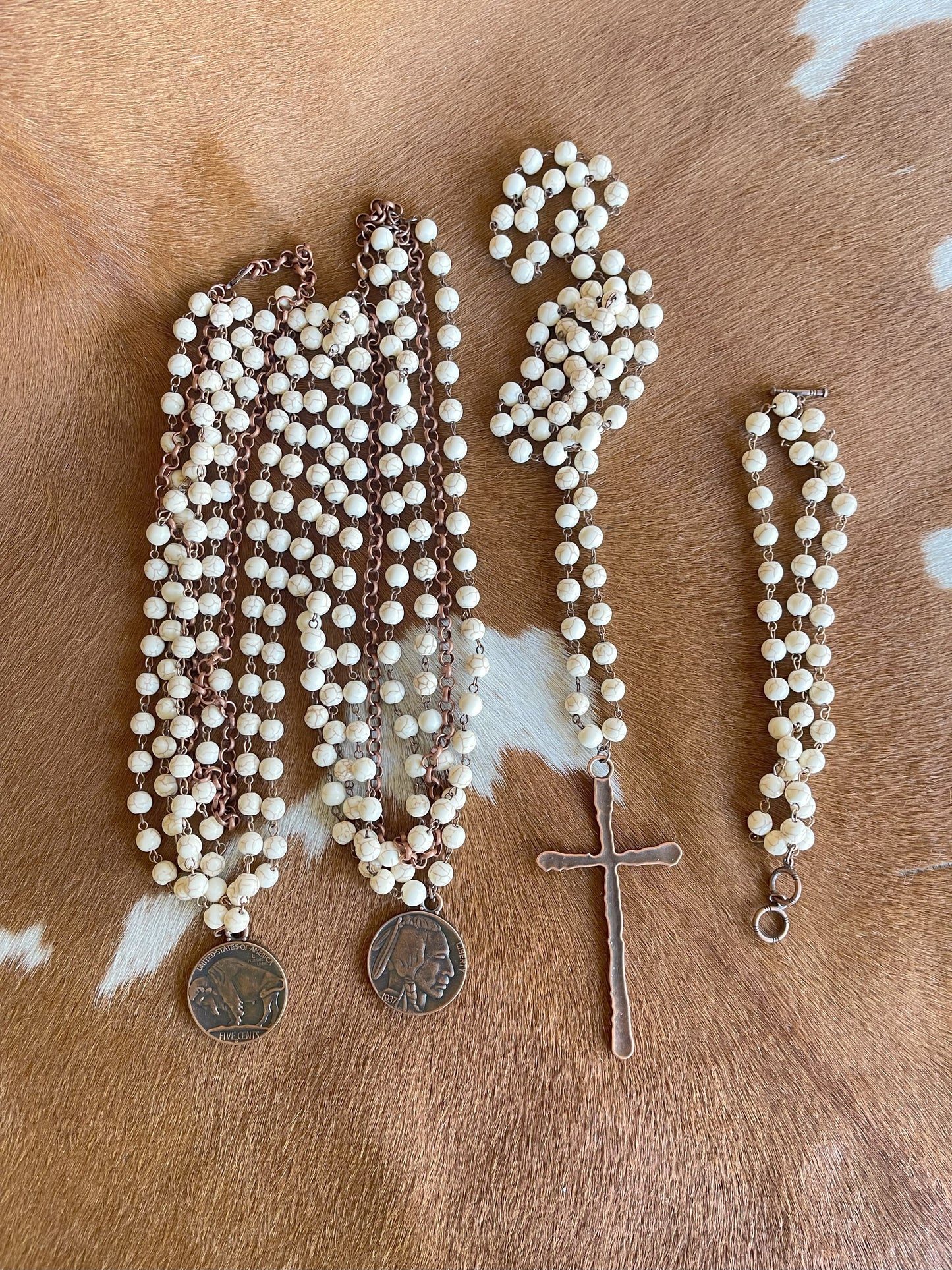 White Turquoise Long Beaded Necklace with Antique Copper Cross 