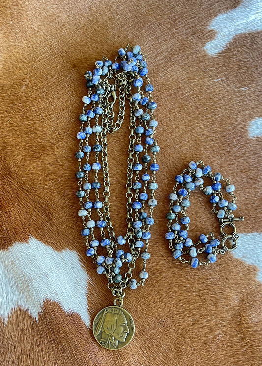 Spotted Blue Collar-Length Necklace Indian Buffalo Coin