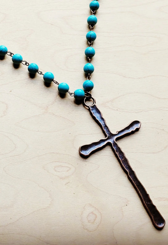 Long Beaded Necklace with Antique Copper Cross 